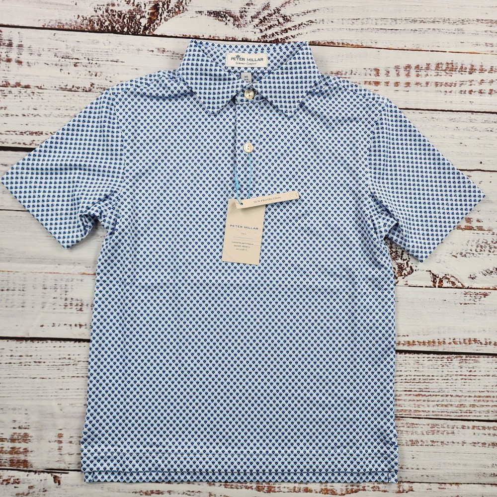 Peter Millar Summer Comfort Boys XS Polo Shirt Geometric Print Blue NWT